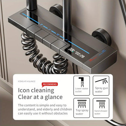 Bathroom Luxury Shower System with Tempered Glass Piano Key Smart Digital Display Thermostat Mixer Shower Faucet Full Set