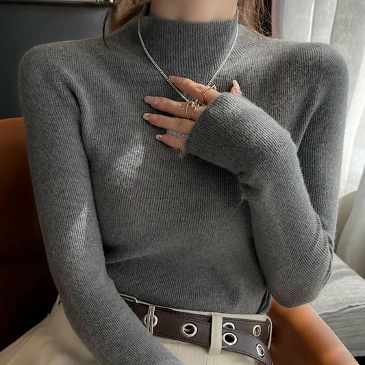 Herbst Winter Pullover Pullover Bodenbildung Shirt Frauen Gestrickte Shirts Weibliche Lange Hülse Mock Neck Elastische Dünne Pullover Stricken Tops