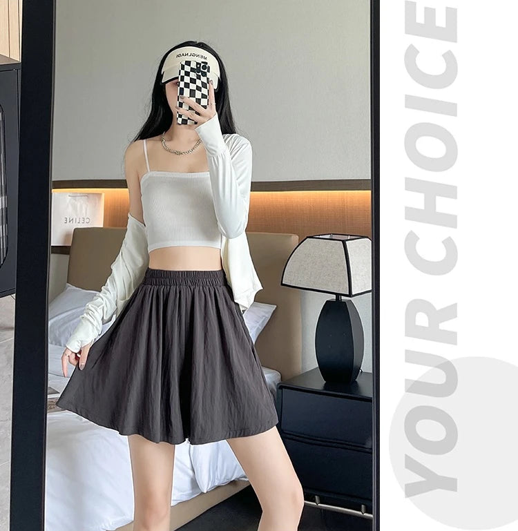 Women Quick Dry Sporty Short Pants Summer Thin Pleated Shorts Skirts High Waist A- Line Five Quarter Pants Cool Wide Leg Pants