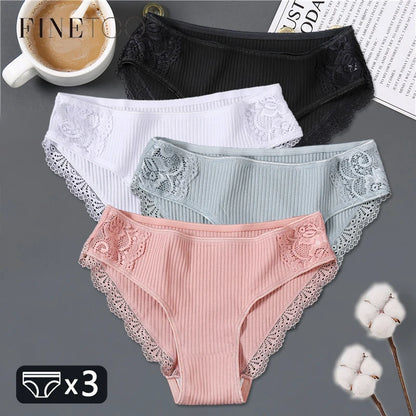 FINETOO 3Pcs/set Women Cotton Panties M-2XL Low-Rise Underwear Trendy Patchwork Lace Briefs Female Soft Underpants Lingerie 2022.