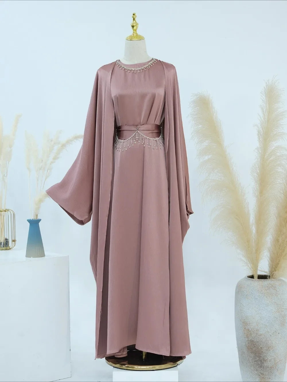 Ramadan Muslim Women 2 Piece Set with Chain Party Dresses Abaya Eid Jalabiya Sashes Diamond Morocco Dubai Kaftan Cardigan Robe