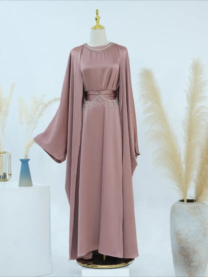 Ramadan Muslim Women 2 Piece Set with Chain Party Dresses Abaya Eid Jalabiya Sashes Diamond Morocco Dubai Kaftan Cardigan Robe