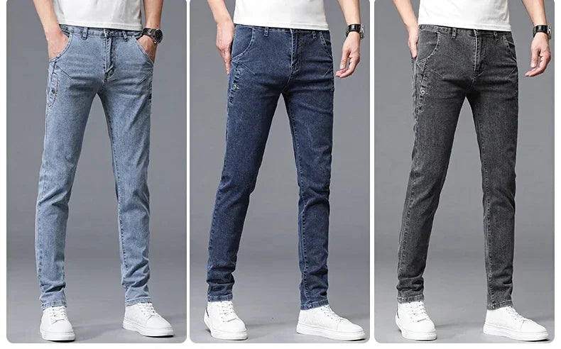 2024 New Men's Skinny Jeans Blue Gray Cotton Elasticity Straight Pencil Foot Slim Fit Fashionable Casual Denim Long Pants Male.