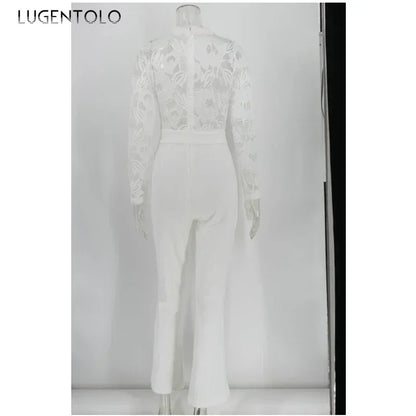 Women White Jumpsuit Lace Stitching Long Sleeve V-neck Large Size Wide Leg Pants Office Lady  Jumpsuits for Woman Lugentolo.