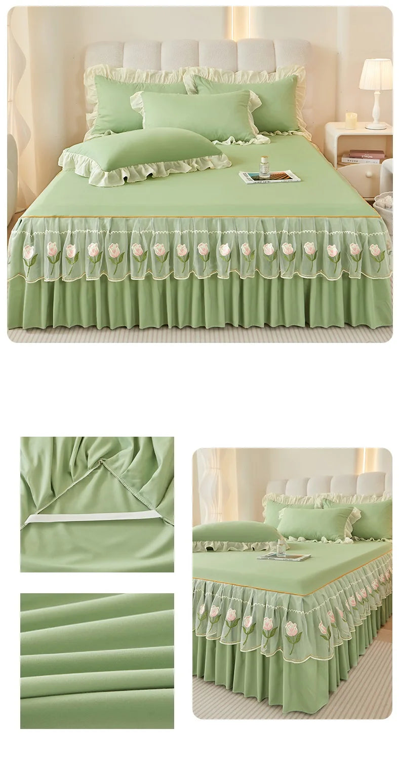 Floral Style Bed Skirt Embroidered Bed Cover Single/Queen/King Size Bed Linen Home Sheet with Skirt 침대스커트(Pillowcase Need Order).