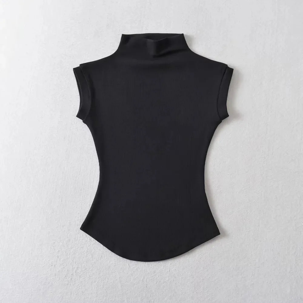Women Summer Sexy Turtleneck Sleeveless T-Shirts Tops Solid Slim Fit Pullovers Causal Tees Shirts Female Streetwear Basics Tees.
