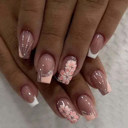 Mid-length Coffin Fake Nails 24Pcs White French Tip Ballerina Press On Nail Pink/White Flower Printed Spring/Summer DIY Manicure.