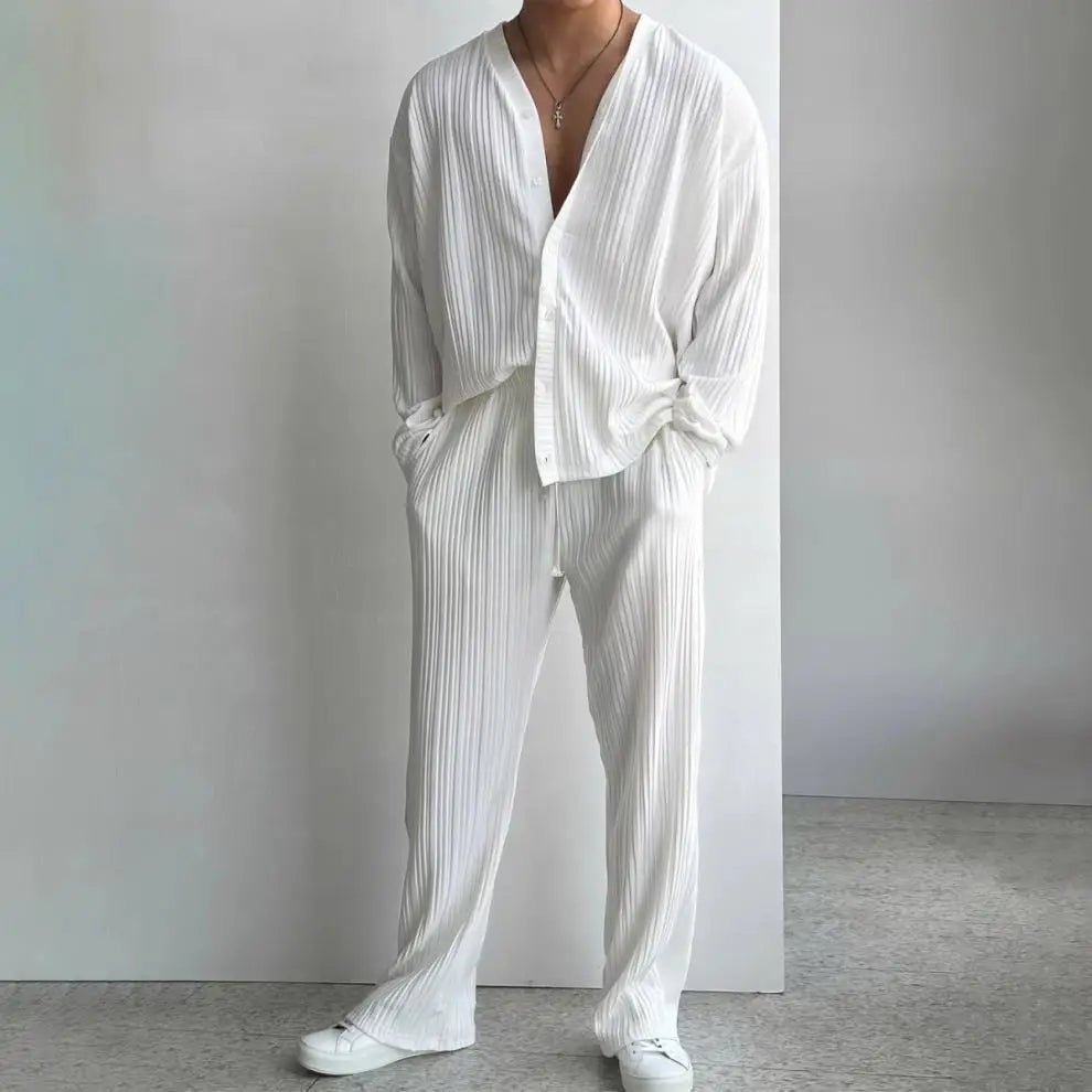 Thin Solid Color Sexy Deep V Cardigan Knitted Sweater Shirt Casual Fashion Suit Two-piece Sets for Men.