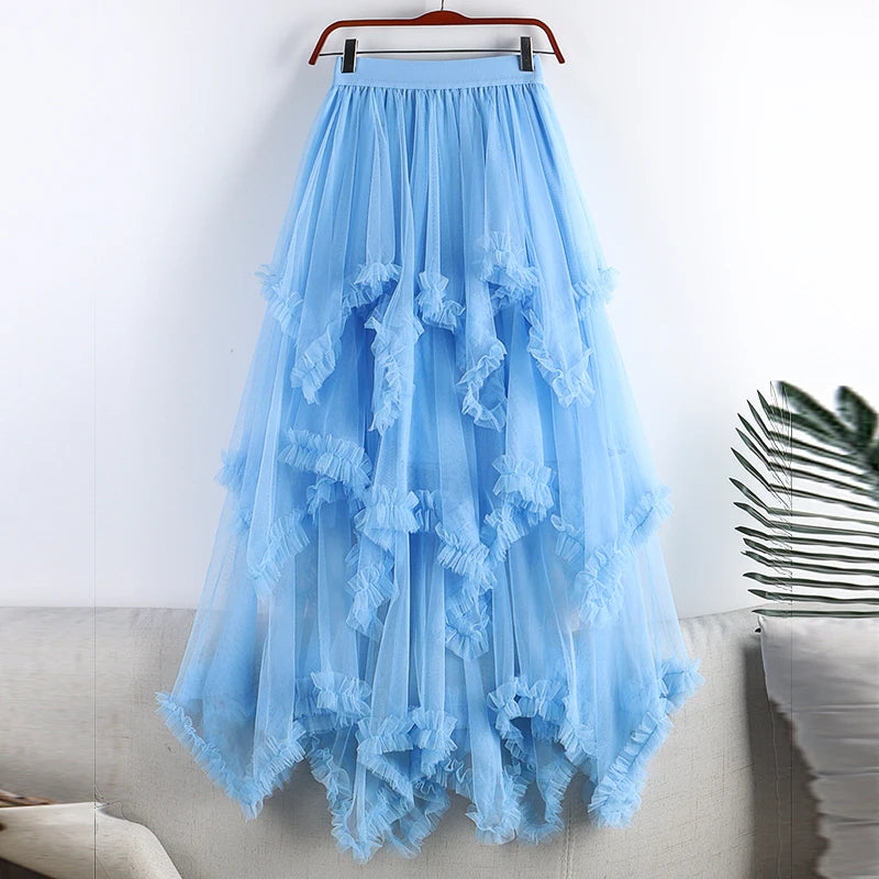 Autumn Winter New 2025 Irregular Cake Tulle Skirt Women Sweet Midi Long High Waist A Line Skirt Female Mesh Party Skirt Lady.