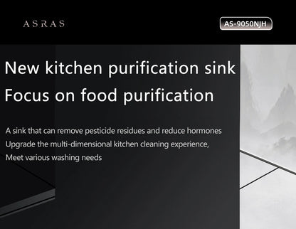 ASRAS Kitchen Sink Stainless Steel Nano Grey Kitchen Sink with Built-in Food Purifier, Hidden Cover & Adjustable Lift Faucet