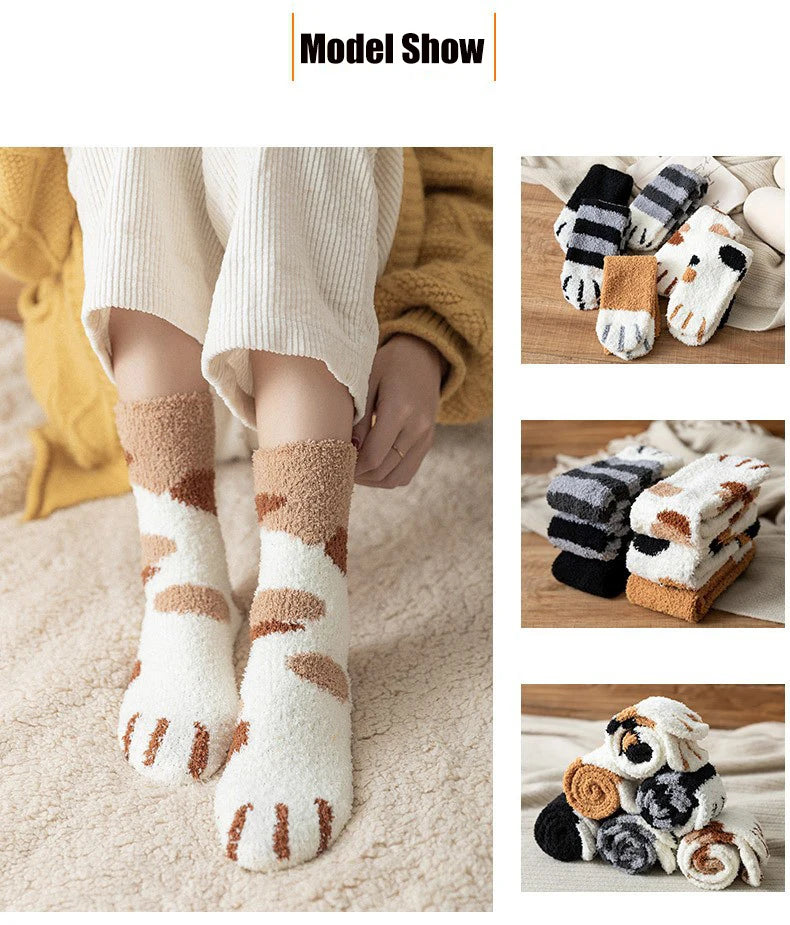 Women Socks Winter Warm Fluffy Socks Cute Animal Claw Cat Paw Footprint Fuzzy Socks Thicken Coral Fleece Home Floor Sleep Socks.