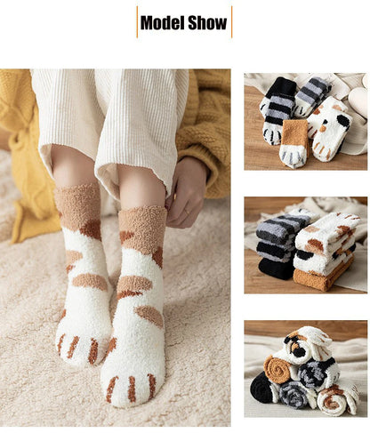 Women Socks Winter Warm Fluffy Socks Cute Animal Claw Cat Paw Footprint Fuzzy Socks Thicken Coral Fleece Home Floor Sleep Socks.