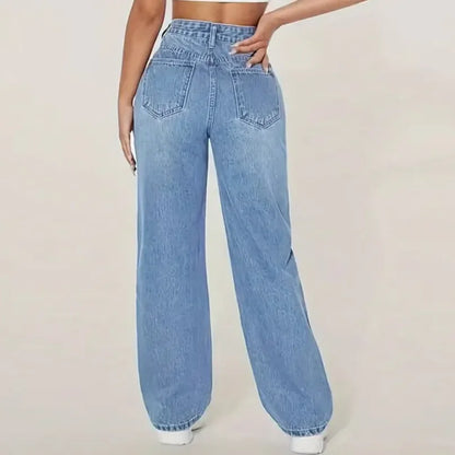 High Waist Straight Leg Jeans Women's Casual Spring Autumn New Style Cross-Border High Waist Wide Leg Jeans Water Washed.