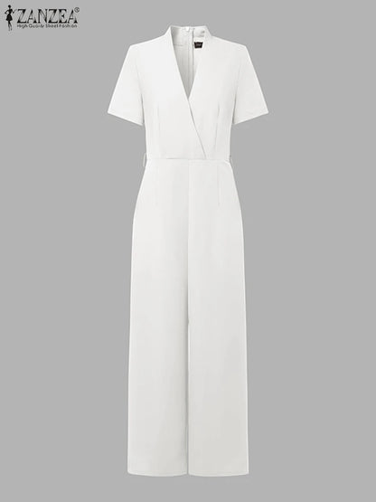ZANZEA Street Fashion High Waist Jumpsuits Women Workwear Belt Rompers Solid Deep V Neck Elegant Office Lady Long Overalls.