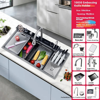 Stainless Steel Kitchen Sink Large Size Single Slot Multifunctional With Trash Can and Drain Rack Household Wash Dish Basin