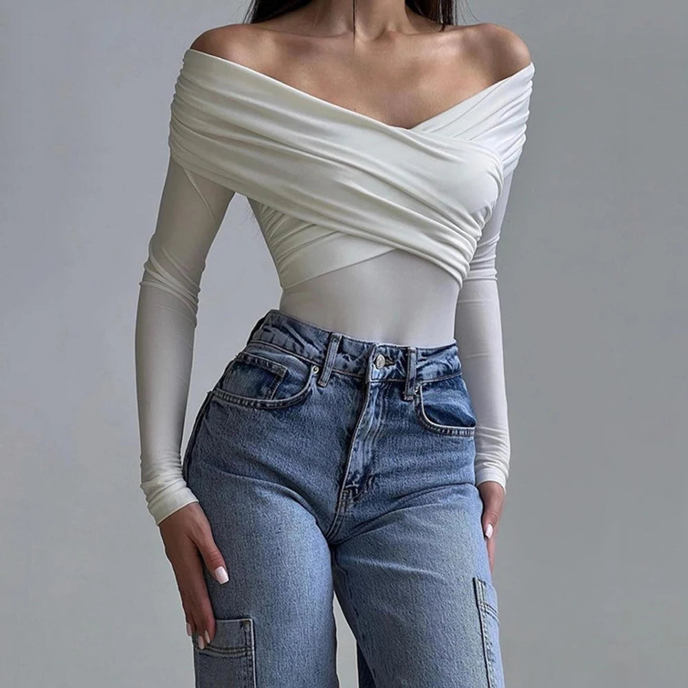 Casual Daily Wear Top Fashiontop Slim Fit Bodysuit Off-shoulder Top Brand New Condition Cross Design Four Seasons Wear.