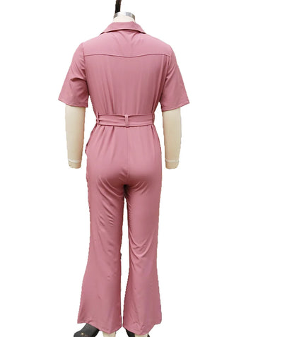 New Spring Summer Women Jumpsuits, Elegant Office Lady Jumpsuit Solid Color Belt Short Sleeve Casual Overalls Wide Leg Pants.