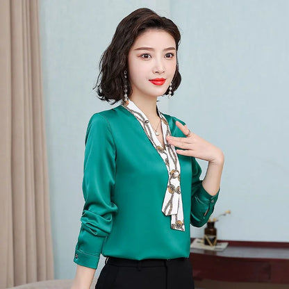 Women's fashionable streamer tops fashionable and elegant small fragrance style covering the belly satin shirt