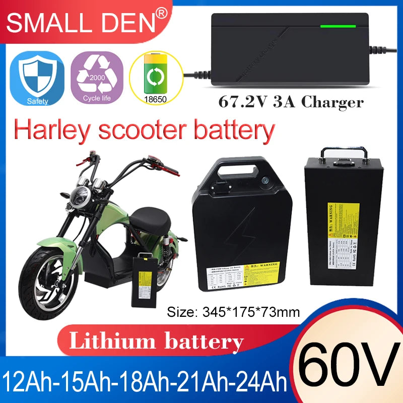 Harley battery 60V 12Ah 15Ah 18Ah 21Ah 24Ah Lithium cell pack Original With BMS For 1800W E-scooter motorcycle +67.2V 3A Charger.