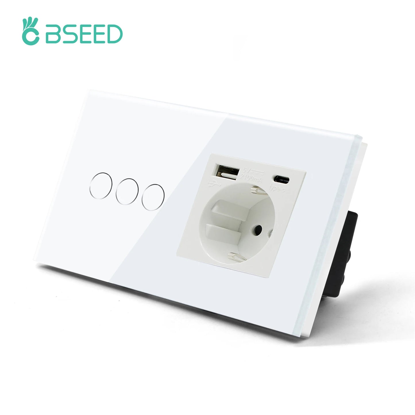 BSEED 1/2/3Gang Touch Licht Schalter 1Way Einfache Sensor Schalter Typ-c USB Steckdosen EU Standard glas Panel Blaue Hintergrundbeleuchtung 10A Weiß.
