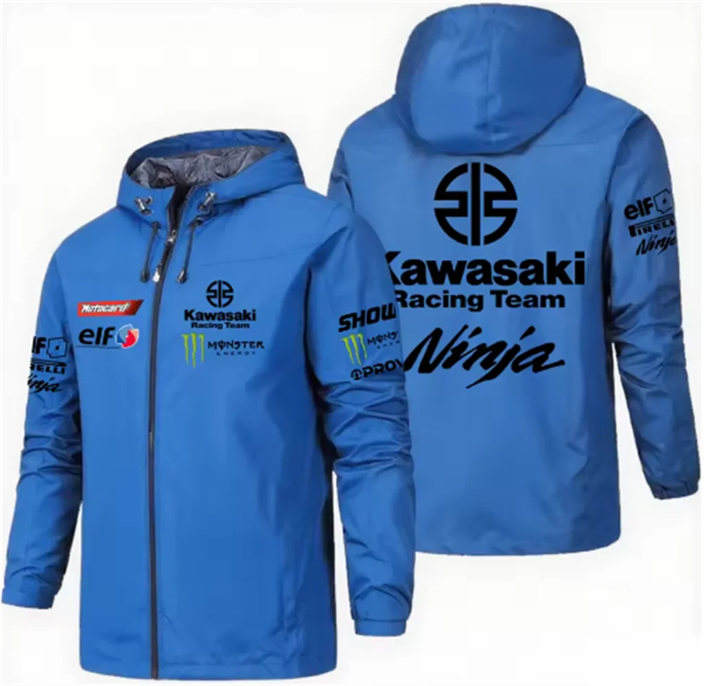 Racing team jacket with Kawasaki logo, men's waterproof and windproof sportswear, 2025 new outdoor sports fashionable fan jacket.