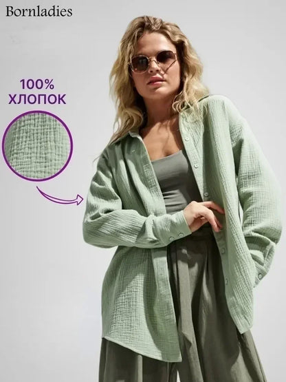 Bornladies 2025 Women's Spring Summer 100% Cotton Shirts Office Lady  Fashionable Solid Lady Long Sleeve Loose Tops Crepe Shirts.