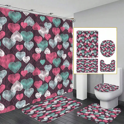 4-teiliges Badezimmer-Set, wasserdichter Stoff-Duschvorhang im Palast-Stil mit 12 Haken, rutschfeste Badezimmermatte, U-förmige Toilettendeckelabdeckung