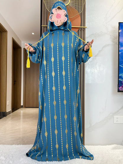 New Cotton Ramadan Muslim Two-Hat Abaya Dubai Turkey Islam Prayer Clothes Gold Dust   Dress Islam Women Dress Kaftan.