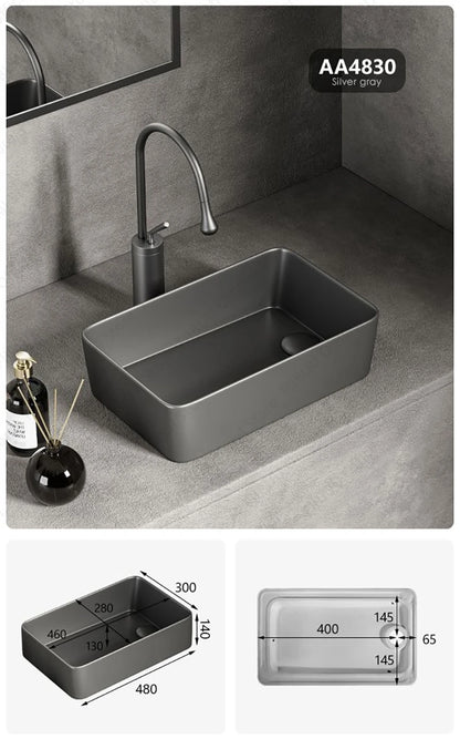 Rechteckiges silbergraues Porzellan-Keramikgefäßwaschbecken über der Theke, Toilette, Badezimmer-Schminktisch, Waschbecken, glasiertes weißes Waschbecken