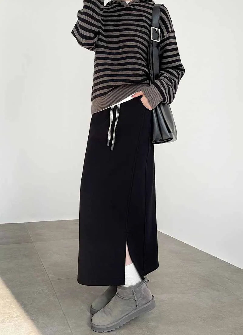 Women's Gray Split Midi Skirts Elasticity Waist Casual Loose Long Skirts Female Autumn Winter Thicken Plus Velvet Straight Skirt.