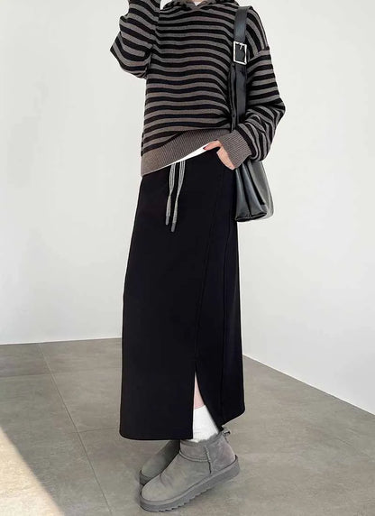 Women's Gray Split Midi Skirts Elasticity Waist Casual Loose Long Skirts Female Autumn Winter Thicken Plus Velvet Straight Skirt.