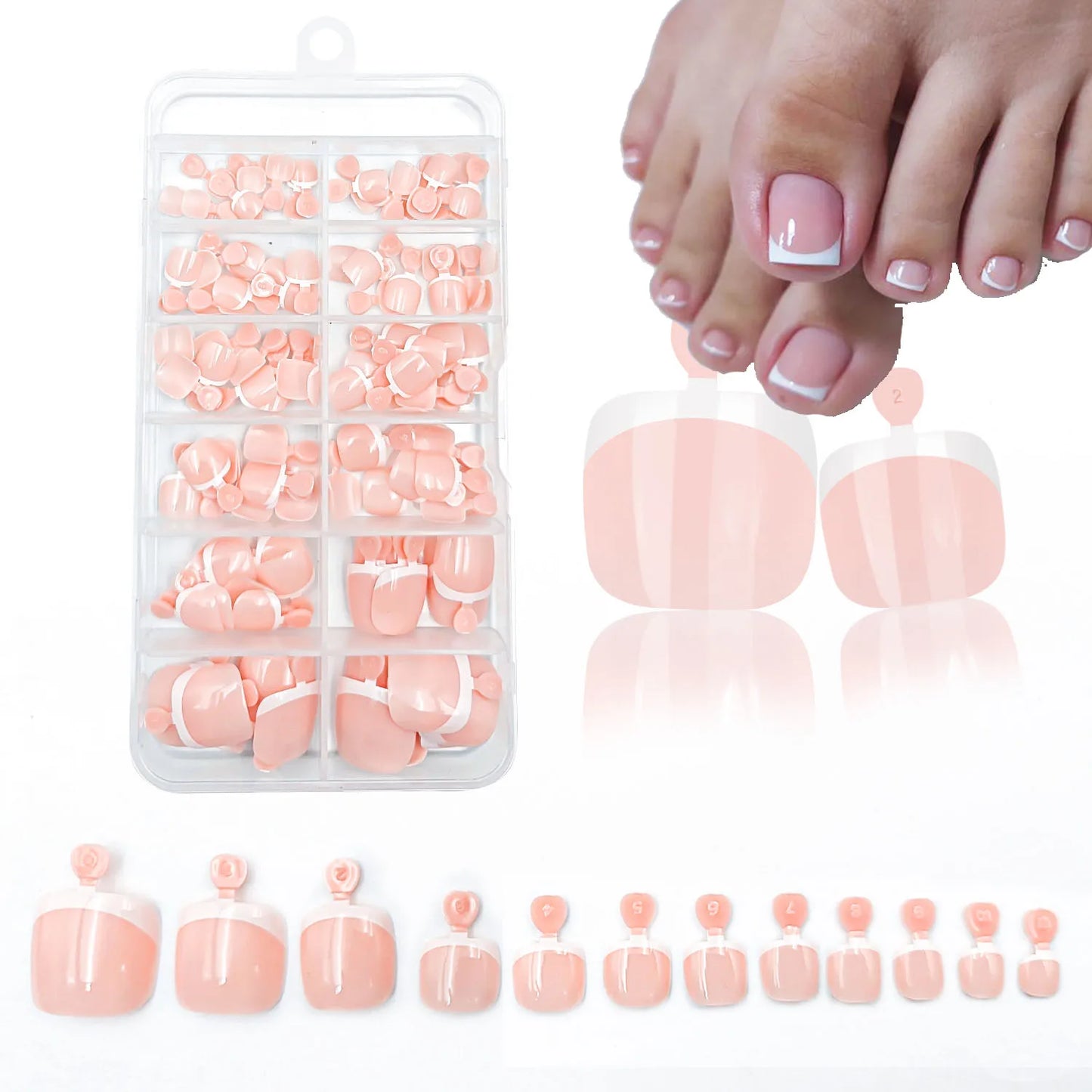 120Pcs Glossy Nude Pink French Press-On-Toenail Set 1*Box Short French Square  Fake Toe Nails Solid-Color Manicure Toenails Tips.