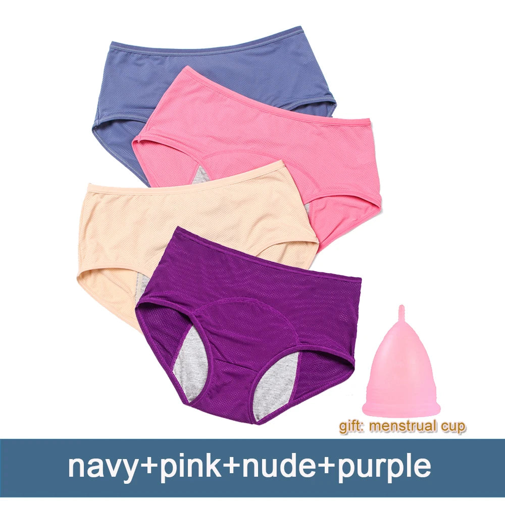 4pcs Women Menstrual Panties+gift Menstrual Cup Female Period Leak Proof Underwear Plus Size Maternal Physiological Briefs