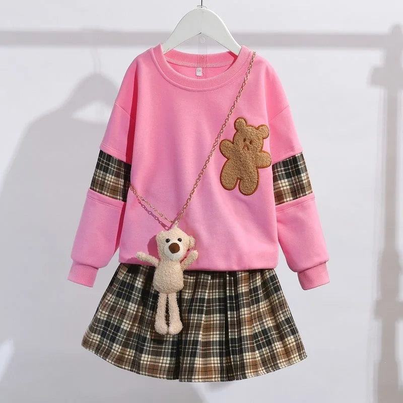 3-14 Years Teenager Girls Outfits Cute Bear Sweatshirt + Plaid Skirt 2Pcs Suit For Girls Birthday Present Children Clothing Sets.