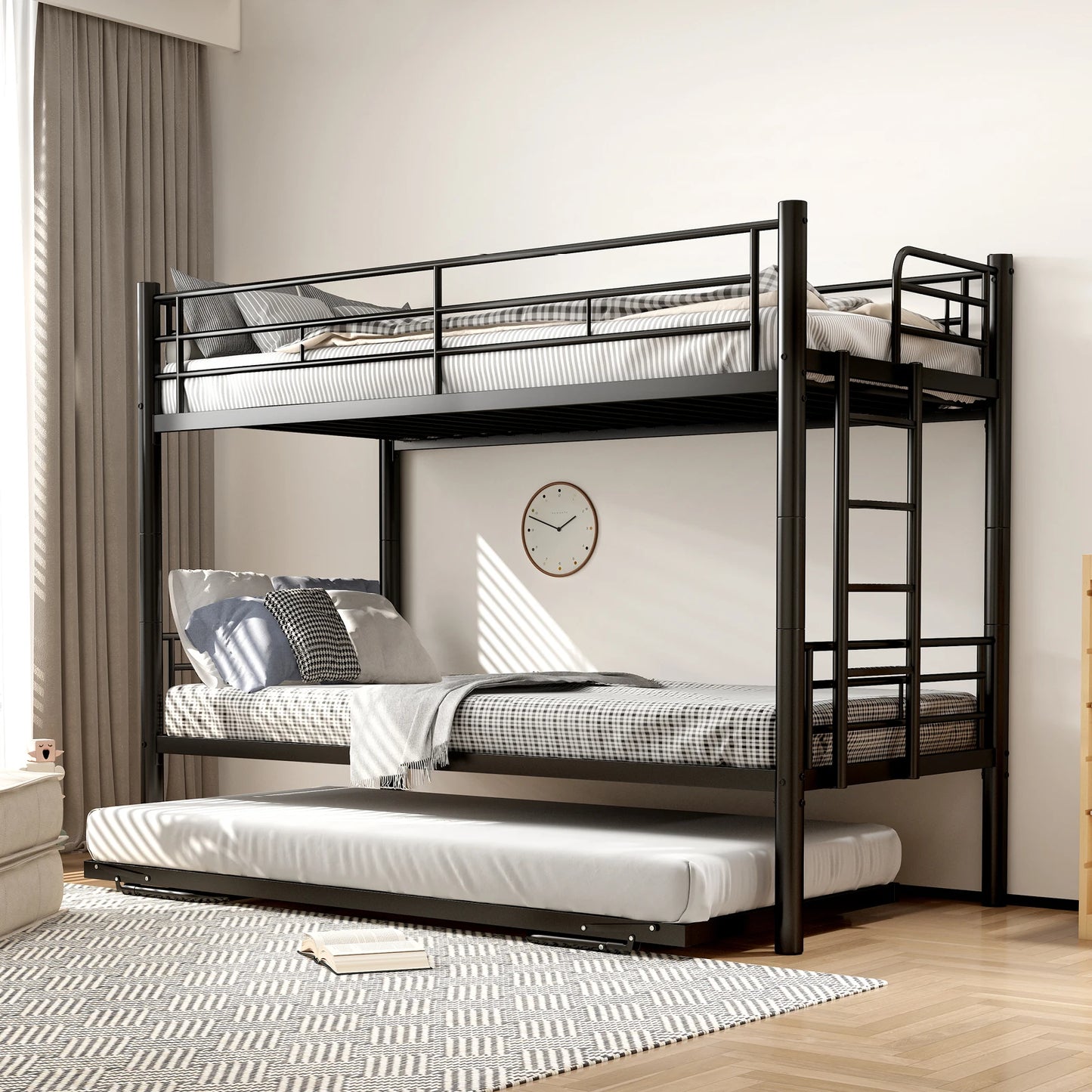 Etagenbett aus Metall, 90 x 200 cm, Etagenbett mit ausklappbarem Bett, erweiterbar auf zwei Einzelbetten oder Erwachsenenbetten, Schwarz