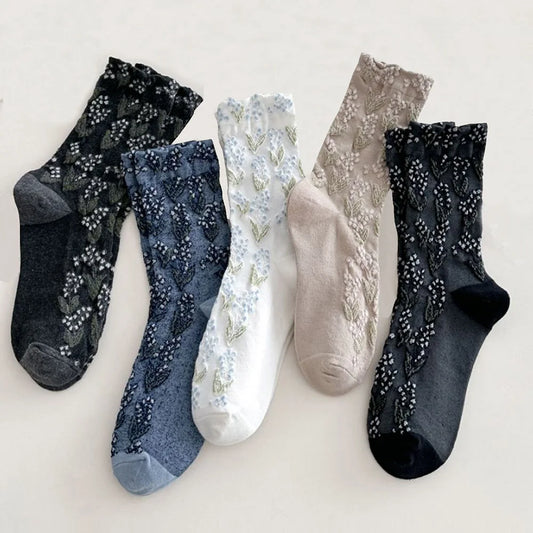Autumn Winter Long For Women Retro Harajuku Relief Print Daily Casual Streetwear Cute Socks Fashion Japanese Style Women's Socks.