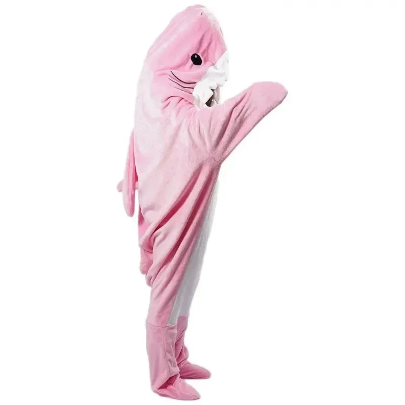 Shark Cartoon Sleeping Bag Adult Pajama Hooded Warm Flannel Blanket Funny Homewear Super Soft Onesie Sleeping Bag Winter Warm