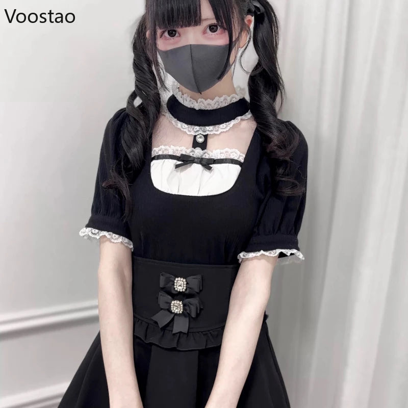 Japanese Gothic Lolita Style Shirts Women Vintage Sweet Y2k Lace Ruffles Short Sleeve Plaid Blouses Jirai Kei Girls Casual Tops.