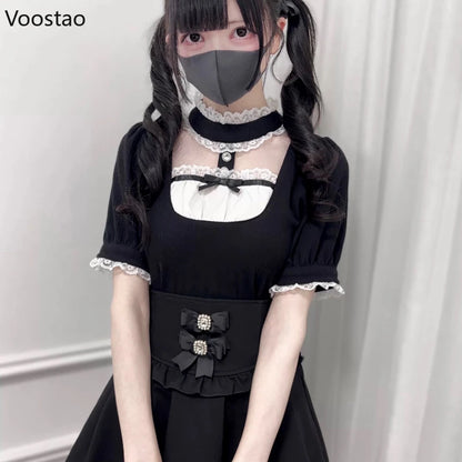 Japanese Gothic Lolita Style Shirts Women Vintage Sweet Y2k Lace Ruffles Short Sleeve Plaid Blouses Jirai Kei Girls Casual Tops.