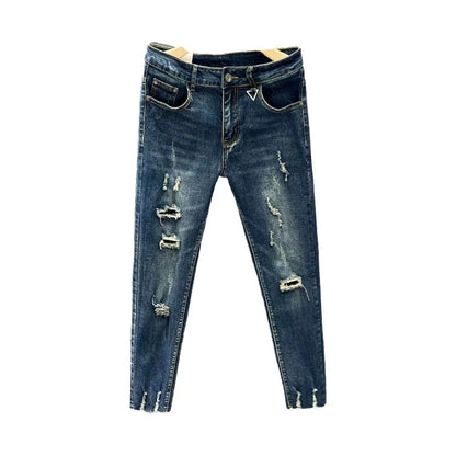 Cropped Jeans for Men Ripped Trousers Broken Korean Fashion Torn Kpop Stacked Trend 2025 Cheap Style with Holes Man Cowboy Pants.