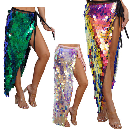 Womens Sequins Dance Skirt Lace-Up Mermaid Hip Scarf Wrap Long Belly Dance Hip Skirt Festival Dance Stage Performance Costumes.