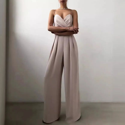 Summer Women's Sexy Sleeveless Spaghetti Jumpsuit Fashion Elegant Commuter High Waist Wide Leg Solid Color Casual Floor Pants.