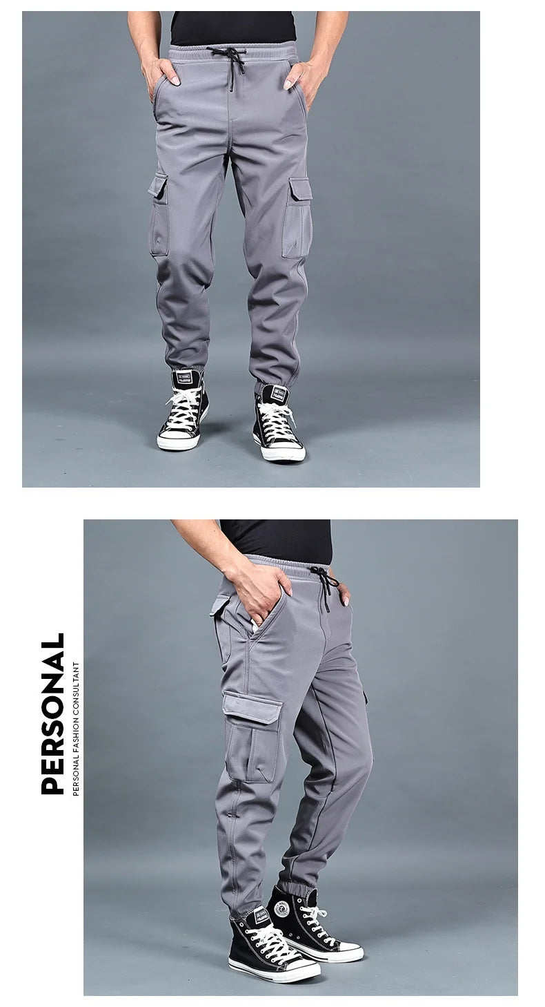 Autumn and winter loose ankle multi pocket work pants for men, winter oversized sports pants, trendy brand with plush and thick.