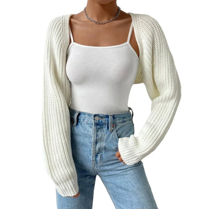 Women's Fashion Open Front Crochet Cardigan Casual Long Sleeve Solid Color Sweater Ribbed Knit Shrug Sweater Bolero Tops.