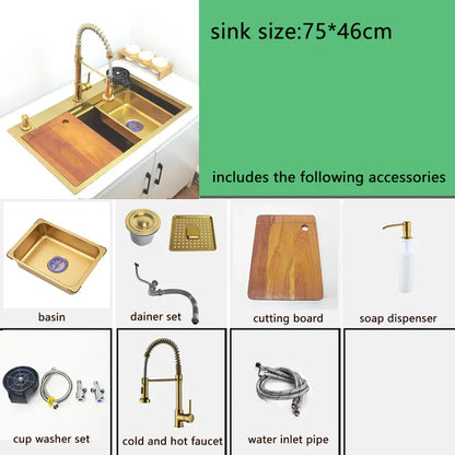 Gold Wasserfall Wasserhahn Küchenspüle Nano Waschbecken 304 Edelstahl Golden Topmount Single Bowl Waschbecken 4-Funktions-Küchenarmatur