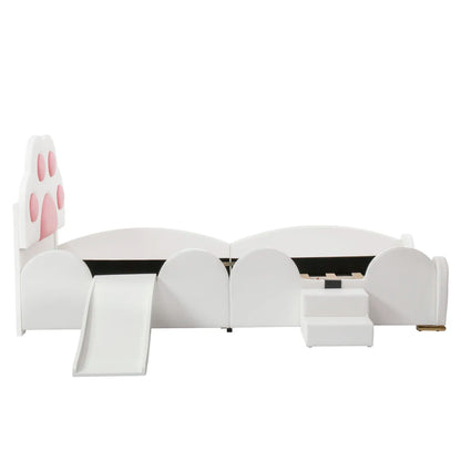 Cartoon süßes rosa Prinzessinnenbett, gepolstertes Bett, 90 x 200 cm, mit Kinderrutsche und zweistufiger Leiter, für Mädchenschlafzimmer