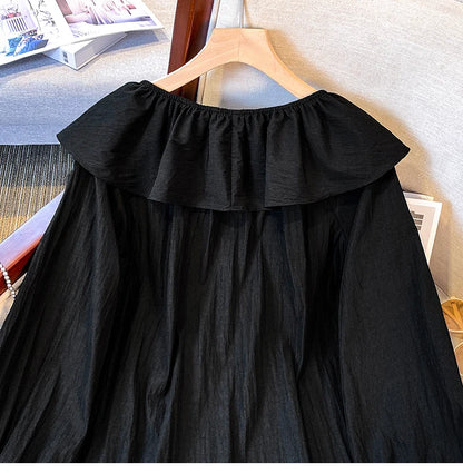 2025 French Large Size Long Sleeve O-neck Solid Color Loose Ruffle Shirt Ladies Spring Autumn Plus Size Blouses for Women