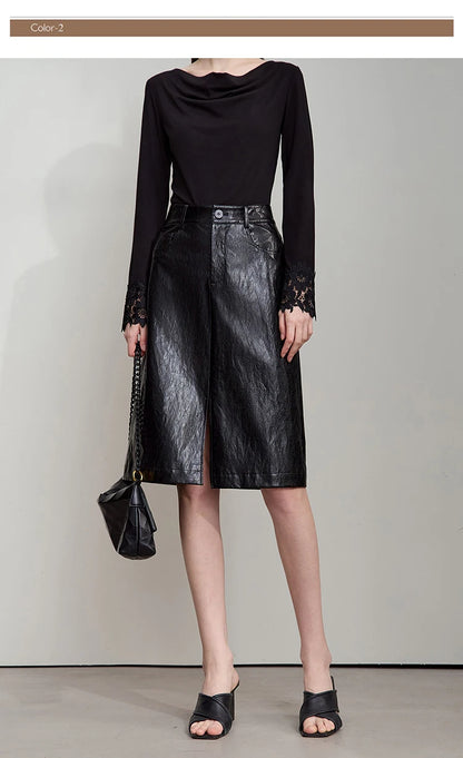 AMII Minimalist PU Leather Skirt For Women 2025 American Retro Knee-Length Skirt Solid Basics Business Women's Clothing 12553014