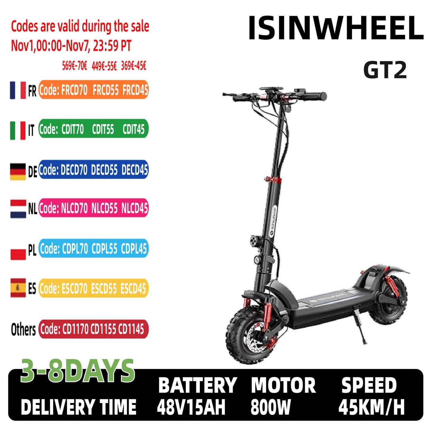 isinwheel GT2（ABE) City Adult E-Scooter 800W Motor 48V15AH 11 Inch Tires E-Scooter Electric Scooter LED Digital Display.