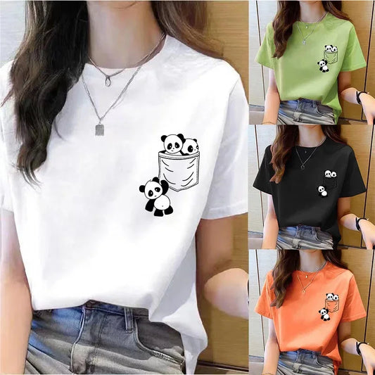 Women Short Sleeve Top Summer New Pocket Panda Cartoon Printed T-shirt Korean Fashion Women Tops Loose Round Neck T Shirt Women.